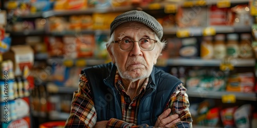 Confused senior in store surrounded by options highlighting challenges with dementia. Concept Shopping for Elderly, Dementia Symptoms, Senior Confusion, Overwhelming Choices, Alzheimer's Awareness