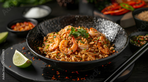 Pad Thai or Fried noodle Thai style, Thai style served with lime and seasonings. In a black palette