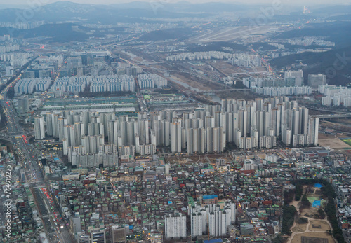 Aerial view of Seoul Downtown Skyline, South Korea. Financial district and business centers in smart urban city in Asia. Skyscraper and high-rise buildings. © tampatra