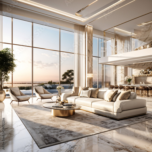 Luxurious living room  spacious marble floor reflects sunlight  ivory sofas  beige cushions. Generative AI.
