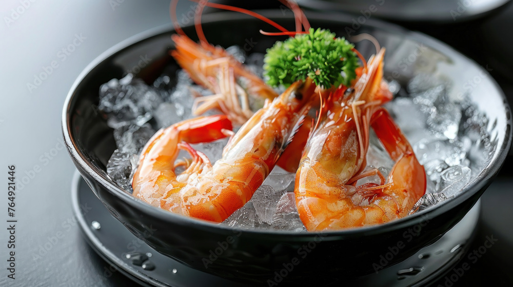 Red shrimps in a black plate bowl with ice and parsley on a black table in a luxury restaurant. Shrimp day. Copy space Red shrimps in a black plate bowl with ice and parsley on a black table in a luxury restaurant. Shrimp day. Copy space