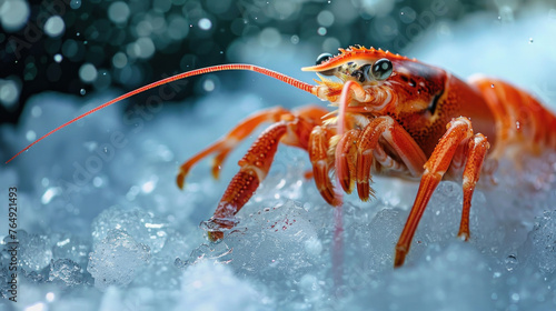 Argentine red shrimp on crushed ice, close-up, copy space. Shrimp Day