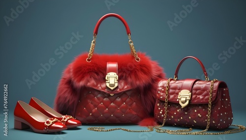 Generate a realistic image featuring luxurious bags in vibrant, striking colors adorned with fur details and gold chains. Additionally, include a pair of luxury red décolleté shoes with polka dots. Em