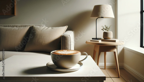 close-up photo of a cappuccino on a white table in living room