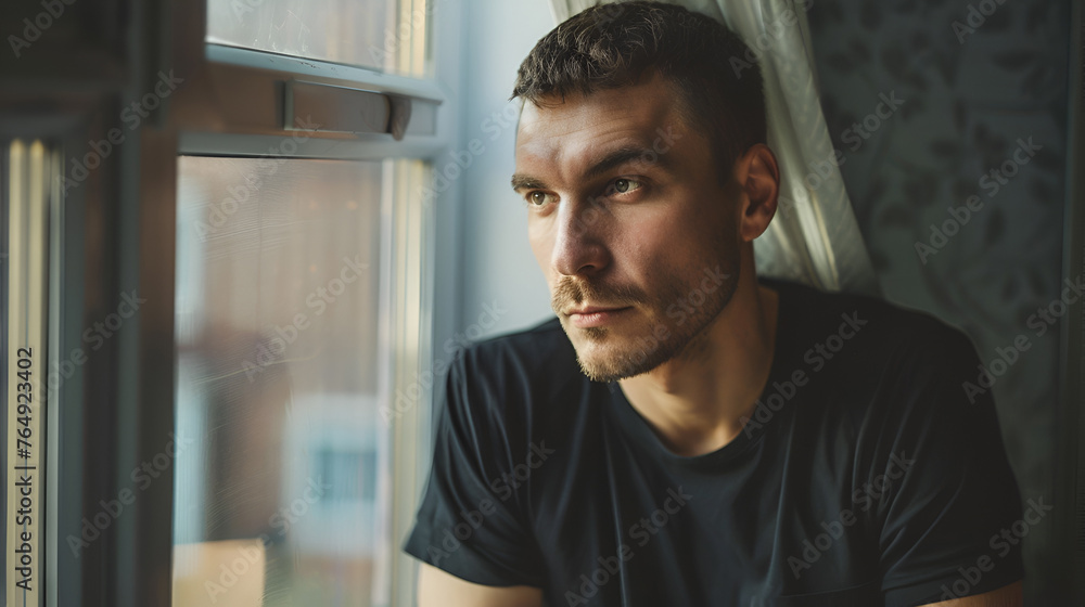 A calm man in a black T-shirt looked through the window. A calm man in a black T-shirt looked through the window.