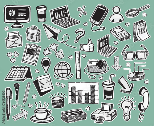 Set of hand drawn object doodle with labtop, bottle, food, coffee, camera and lifestyle elements. Cartoon sketch style. Vector illustration for activity life design concept.
