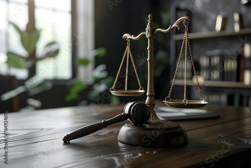 Closeup of gavel and scales on judges desk symbolizing justice and legal decisions in courtroom. Concept Law, Justice, Legal System, Courtroom, Gavel and Scales photo