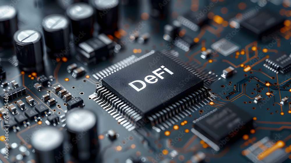 Word “DeFi” on microchip board, decentralized finance, financial services without the involvement of intermediaries, financial centers or banks Word “DeFi” on microchip board, decentralized finance, financial services without the involvement of intermediaries, financial centers or banks