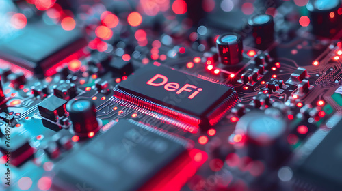 Word “DeFi” on microchip board, decentralized finance, financial services without the involvement of intermediaries, financial centers or banks