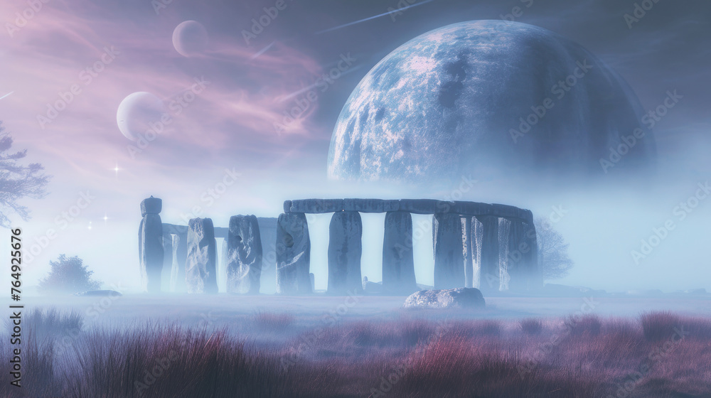 Giant planet over famous Stonehenge ancient mystery site in England UK. - obrazy, fototapety, plakaty 