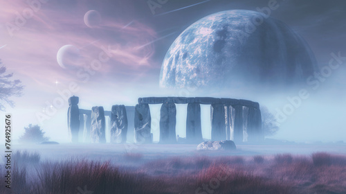 Giant planet over famous Stonehenge ancient mystery site in England UK.