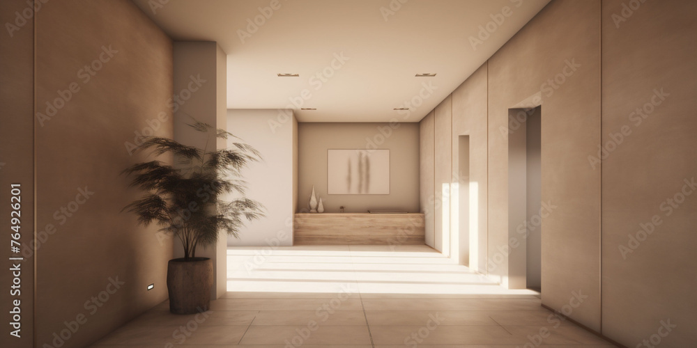 Soft light envelopes a minimalist foyer, hallway, where a lone potted plant adds a touch of nature, creating a soothing, Japandi-inspired sanctuary of simplicity.