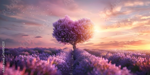 Lavender tree in heart shape symbol for cancer awareness campaign promotion. Concept Cancer Awareness, Lavender Tree, Heart Shape, Campaign Promotion photo