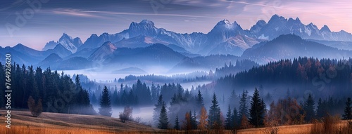 the Tatras veiled in haze, framed by dense forest and rural fields under the shimmering glow of a full moonlit night