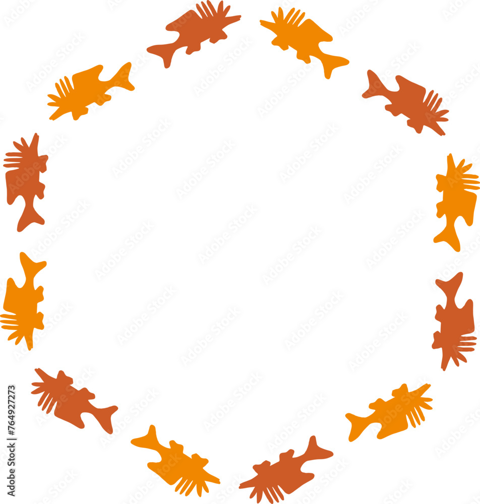 Round frame with orange silhouettes of fish on white background. Vector image.