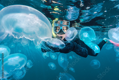 A couple of people are swimming in the ocean with jellyfish surrounding them photo