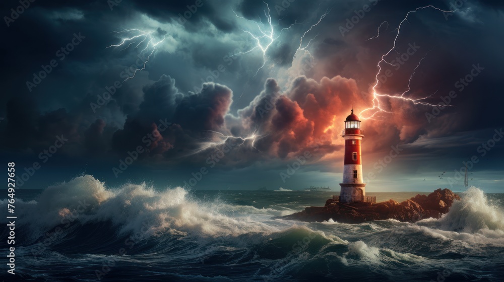 Lighthouse in a large thunder storm with high tide.