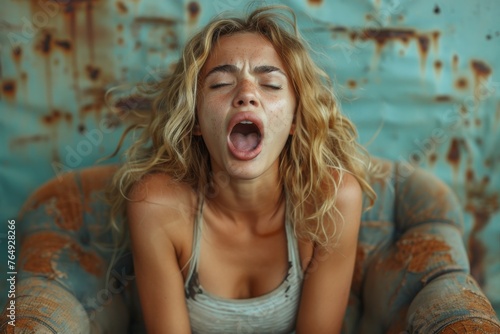 Tired young woman in casual wear yawns with a background of rusty metal textures