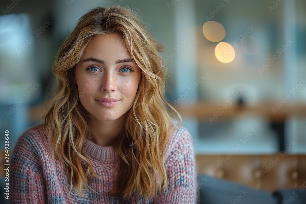 A blonde woman in a knitted sweater exudes warmth and comfort against a softly lit background A blonde woman in a knitted sweater exudes warmth and comfort against a softly lit background