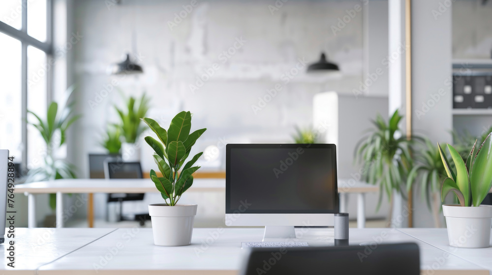 Fototapeta premium Modern office space interior with green plants, desks and computers, empty room with white design. Theme of business, table, commercial building.