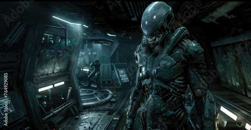 Creepy alien soldier in dark spaceship, scary extraterrestrial humanoid inside spacecraft or base. Concept of future, space, sci-fi, ufo, horror, spooky warrior,