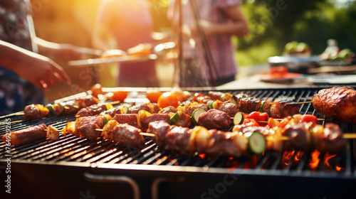 barbecue meat party people happy grill garden daylight blur closeup background ai visual concept