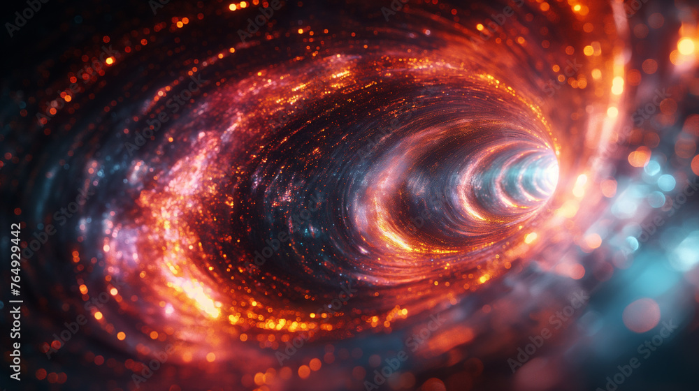 Backdrop showing a revolving black hole emitting bright light and swirling dust particles Backdrop showing a revolving black hole emitting bright light and swirling dust particles