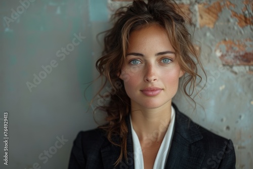 Attractive young woman in a smart-casual jacket posing against a rustic peeling wall