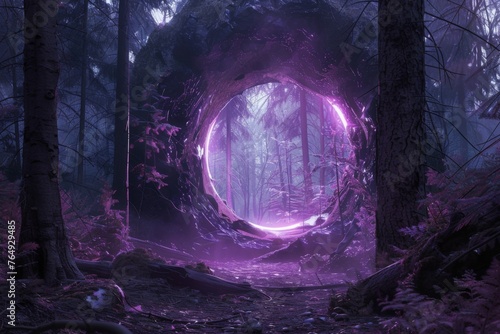 In the heart of the forest  a mystical neon ring glows  illuminating the darkness with an ethereal and enchanting aura.