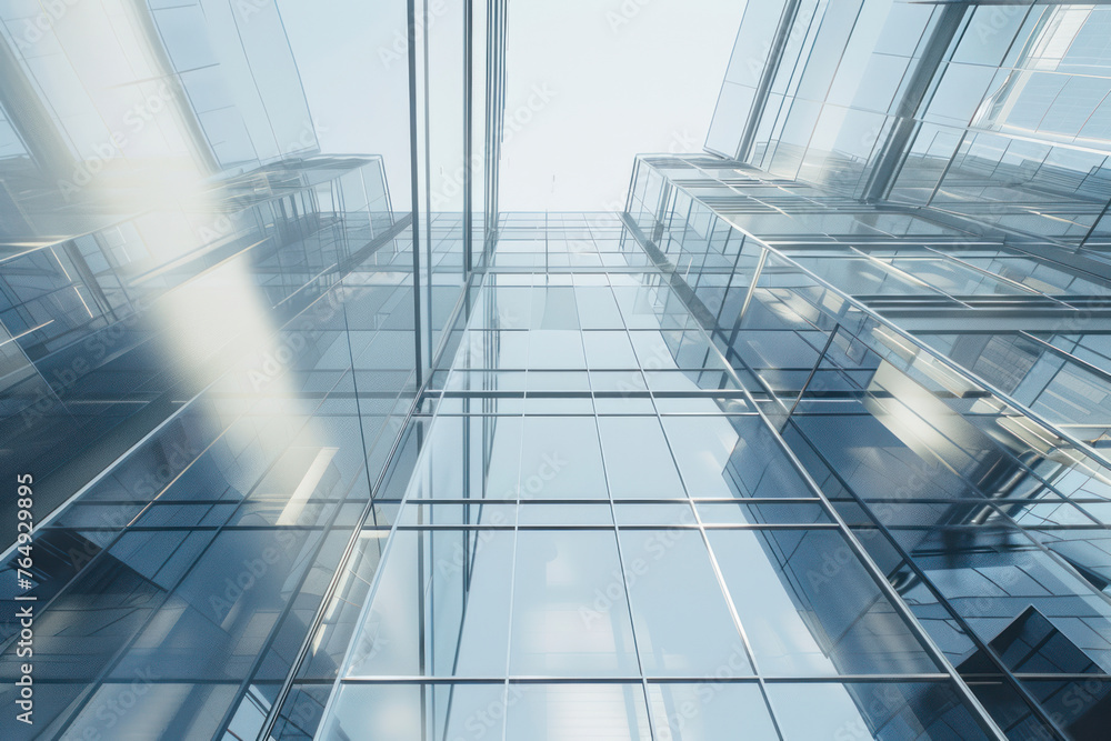 Obraz premium From below of entrance of office building next to contemporary high rise structures with glass mirrored walls.