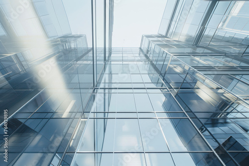 From below of entrance of office building next to contemporary high rise structures with glass mirrored walls.