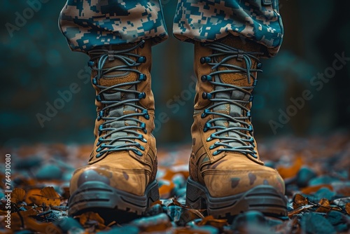 Sharply detailed image of military boots on a carpet of autumn leaves, highlighting durability and outdoor adventure