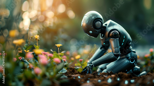 A mechanical robot plants flowers in a fertile land. The rebirth of the earth by robots. Artificial intelligence, the futuristic digital age of robot science and digital technology. The robot farmer