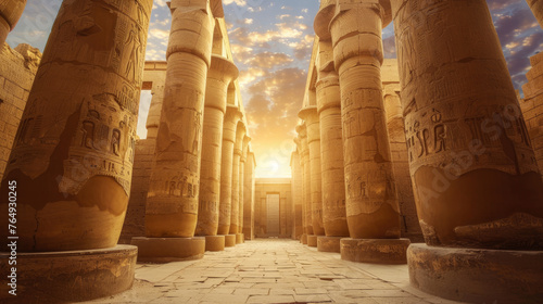 Ancient Egyptian temple hallway at sunset, luxury columns of old stone building in Egypt. Theme of pharaoh, civilization, travel, sun, tomb