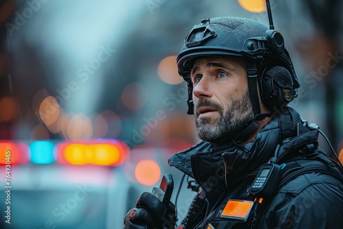 A solemn law enforcement officer in uniform stands in the rain, clearly on watchful duty