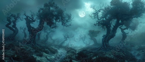 Dark haunted fantasy forest with fog and moon, spooky crooked trees in misty fairy tale woods at night. Theme of horror, nature, mist, scary