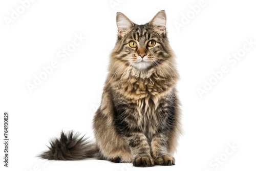 Sitting tabby cat looking forward against a white backdground, cat isolated on white background