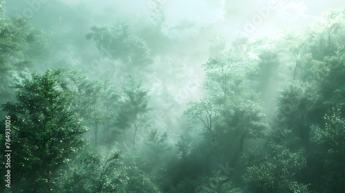 Digital art of a dense, ancient forest, with misty trees as the background, during an early morning haze