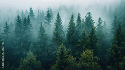 Realistic photography of coniferous forest. Abstract background of a northern forest © Ladyana