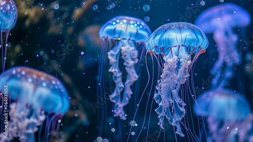 Group of bioluminescent jellyfish photo