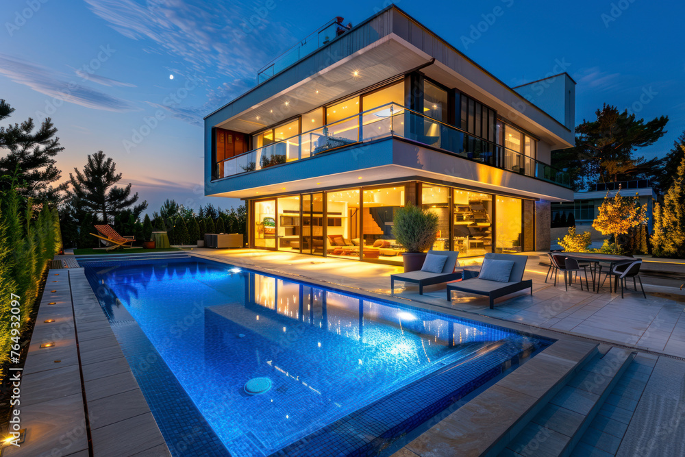 Modern villa with pool, night scene. Modern villa with pool, night scene.