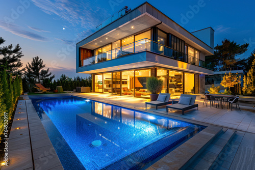 Modern villa with pool, night scene. © Hunman