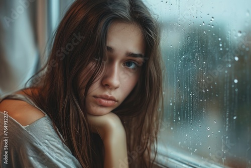 European woman with depression  stress  and sadness near rainy window. photo