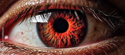 An extreme close-up of a human eye displaying a vivid red coloration, possibly due to irritation or exhaustion photo