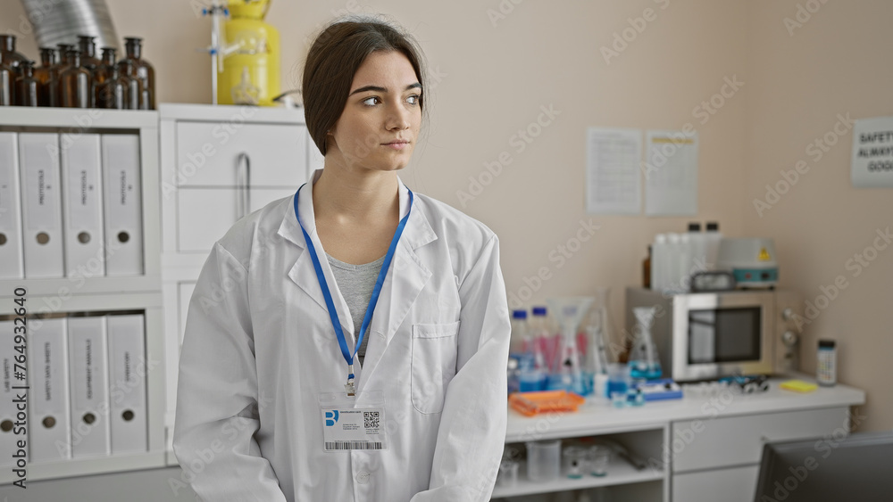 A young hispanic female technician in a lab coat stands thoughtfully in a laboratory setting, hinting at medical professionalism. A young hispanic female technician in a lab coat stands thoughtfully in a laboratory setting, hinting at medical professionalism.
