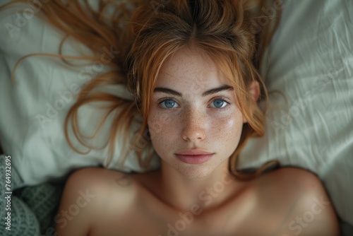 A close-up top-down view of a young woman with freckles lying in bed looking at the camera