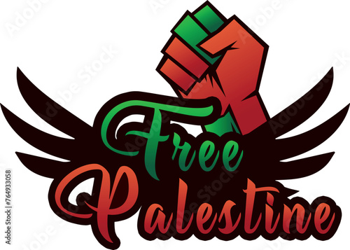 Flag colored Free Palestine with wings and fist.