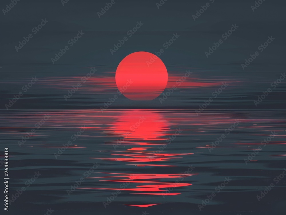 Scarlet moon ignites the night sky, painting waves in crimson.