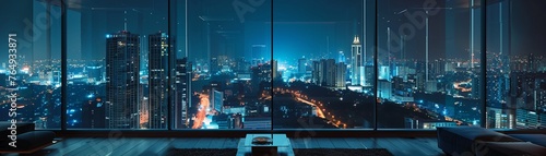 Calm expansive view of the city at night from a minimalist room