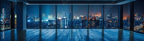 Empty room with an open view showcasing the citys serene nightscape and modern architecture